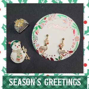 Christmas Jewelry Set with Snowman, Reindeer Earrings and Ring